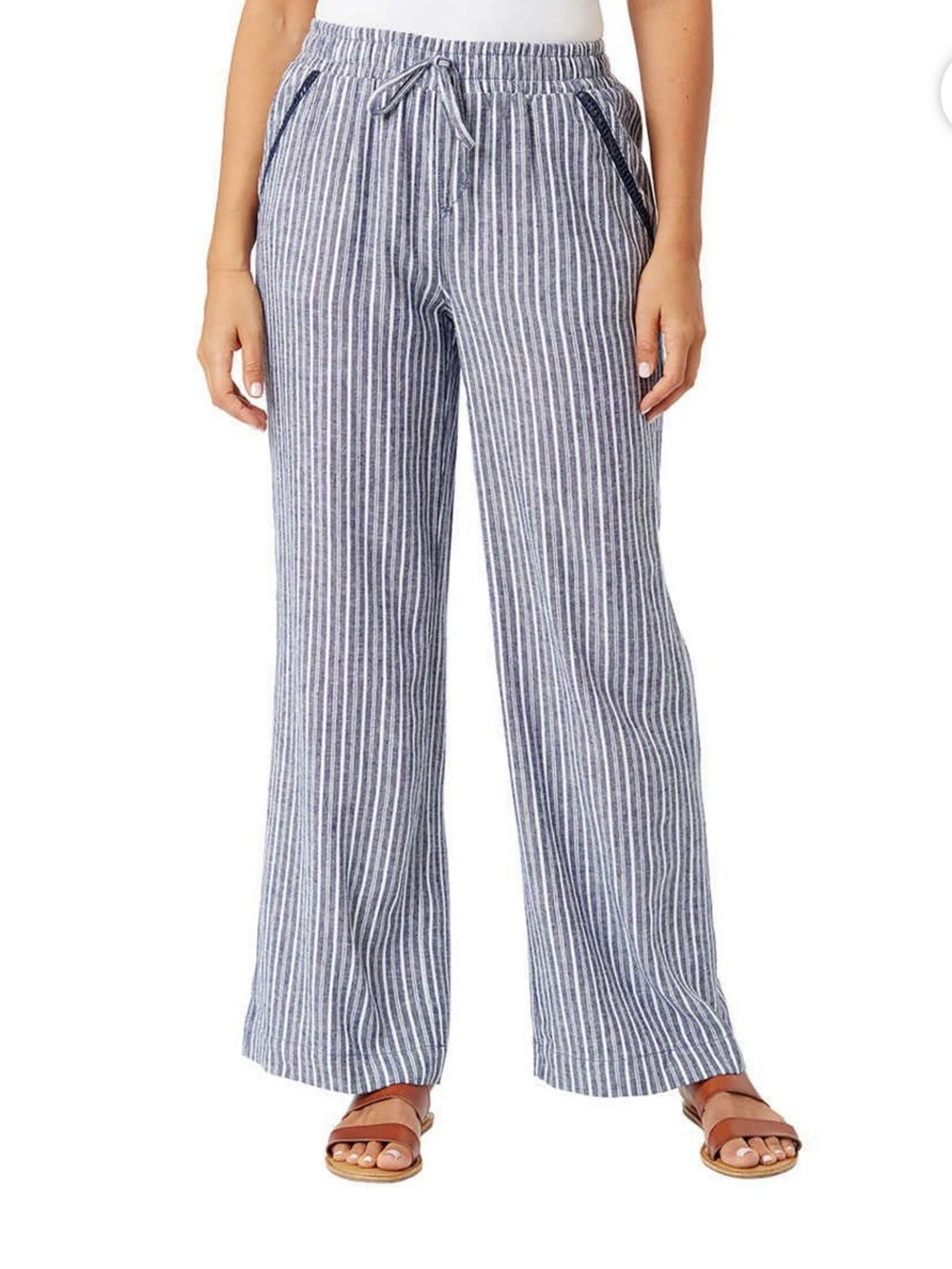 Briggs Wide Leg Linen-Blend Pants in Navy and White Stripe